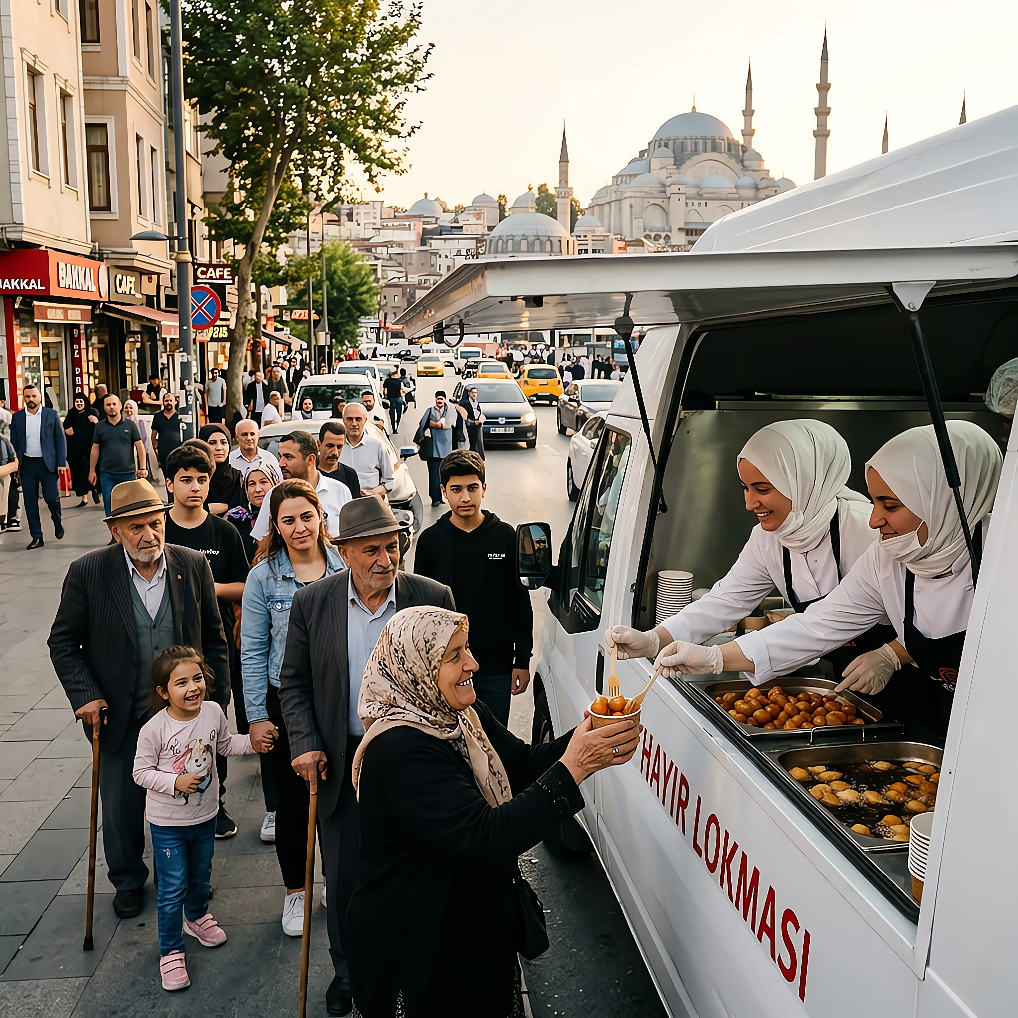 Hayır lokması mobil dağıtım aracı cami önünde hazırlık