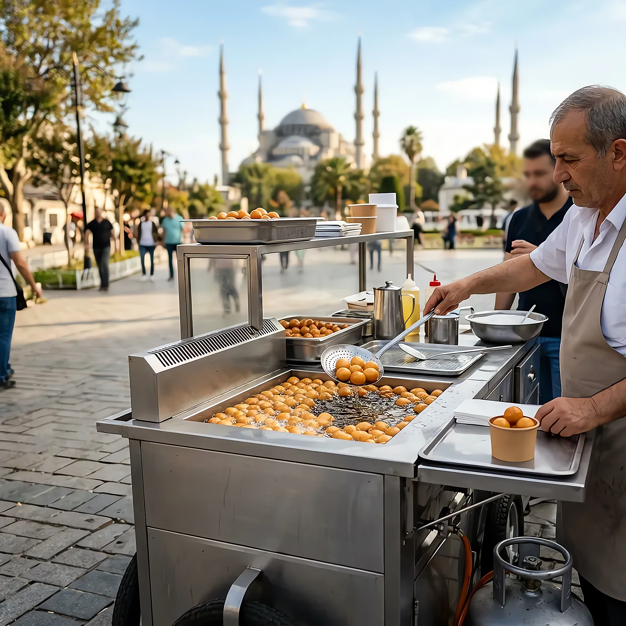 Mevlit ve vefat niyetiyle kiralanan lokma arabası cami önünde servis yapıyor