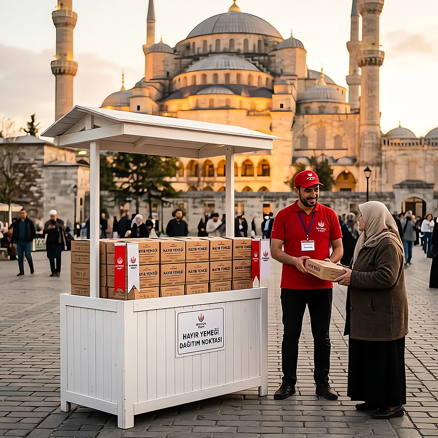 Cami önünde kurulan, üzerinde hayır yemeği paketleri bulunan temiz ve düzenli dağıtım standı