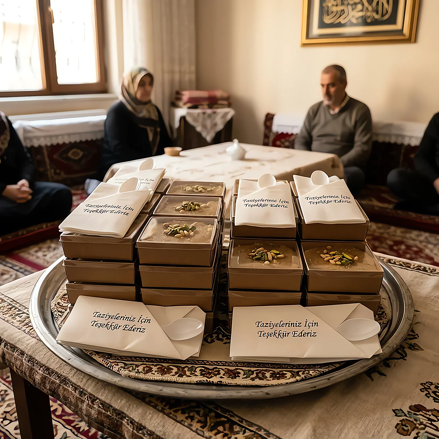 Tepside kapalı kaplarda hayır helvası kutuları