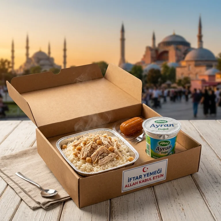 Paketli tavuklu pilav and tatlı hayır yemeği kutusu